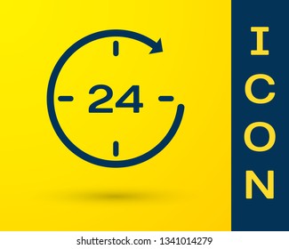 Blue Clock 24 hours icon isolated on yellow background. All day cyclic icon. 24 hours service symbol. Vector Illustration