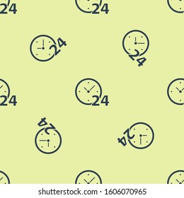 Blue Clock 24 hours icon isolated seamless pattern on yellow background. All day cyclic icon. 24 hours service symbol.  Vector Illustration