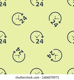 Blue Clock 24 hours icon isolated seamless pattern on yellow background. All day cyclic icon. 24 hours service symbol.  Vector Illustration