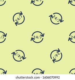 Blue Clock 24 hours icon isolated seamless pattern on yellow background. All day cyclic icon. 24 hours service symbol.  Vector Illustration