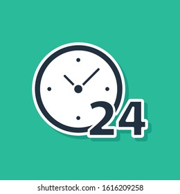 Blue Clock 24 hours icon isolated on green background. All day cyclic icon. 24 hours service symbol.  Vector Illustration