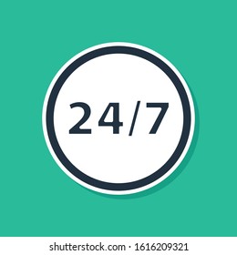 Blue Clock 24 hours icon isolated on green background. All day cyclic icon. 24 hours service symbol.  Vector Illustration