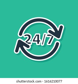 Blue Clock 24 hours icon isolated on green background. All day cyclic icon. 24 hours service symbol.  Vector Illustration