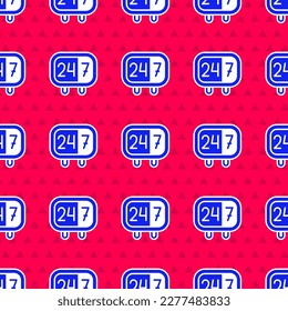 Blue Clock 24 hours icon isolated seamless pattern on red background. All day cyclic icon. 24 hours service symbol.  Vector