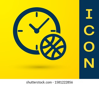 Blue Clock with basketball ball inside icon isolated on yellow background. Basketball time. Sport and training.  Vector Illustration