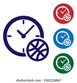 Blue Clock with basketball ball inside icon isolated on white background. Basketball time. Sport and training. Set color icons in circle buttons. Vector Illustration