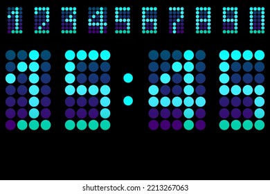 blue clock black background. Time clock. Neon font. Vector illustration. Stock picture. 