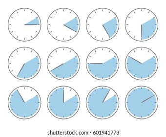 Blue clock, five minute or one hour time increments illustration