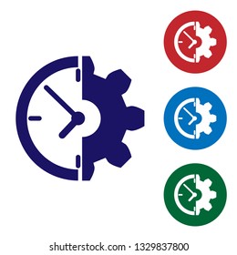 Blue Clock and gear icon isolated on white background. Time Management symbol. Business concept. Set color icon in circle buttons. Vector Illustration
