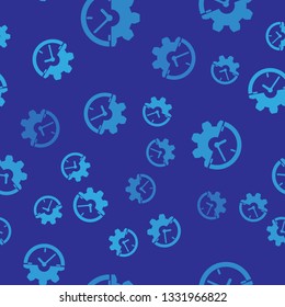 Blue Clock and gear icon isolated seamless pattern on blue background. Time Management symbol. Business concept. Vector Illustration