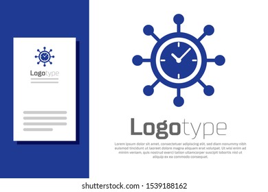 Blue Clock and gear icon isolated on white background. Time Management symbol. Business concept. Hub and spokes and clock solid icon. Logo design template element. Vector Illustration