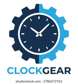 Blue clock gear icon with white background icon