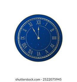 Blue clock with golden numerals and hands showing midnight, New Year’s Eve countdown and celebration
