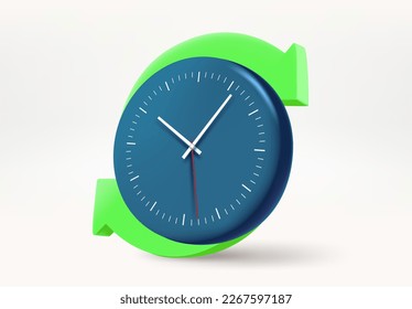 Blue clock with green arrows. Update concept. 3d vector illustration