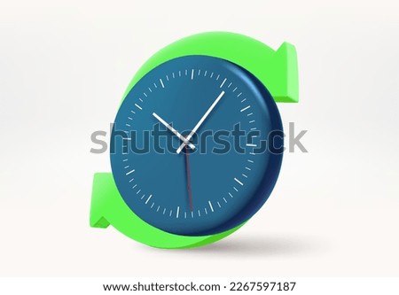 Blue clock with green arrows. Update concept. 3d vector illustration