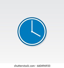 Blue clock icon. 4 O'clock vector illustration on light gray background.