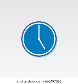 Blue clock icon. 5 O'clock vector illustration on light gray background.