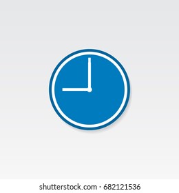 Blue clock icon. 9 O'clock vector illustration on light gray background.