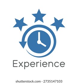 Blue clock icon with arrows pointing counterclockwise surrounded by stars symbolizing time management and experience