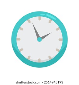 Blue clock icon in flat design style, cute blue analogue wall clock vector illustration, simple clock clip art image