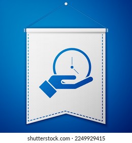 Blue Clock icon isolated on blue background. Time symbol. White pennant template. Vector Illustration