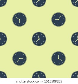 Blue Clock icon isolated seamless pattern on yellow background. Time symbol.  Vector Illustration