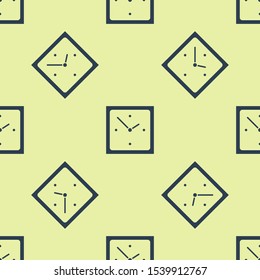 Blue Clock icon isolated seamless pattern on yellow background. Time symbol.  Vector Illustration