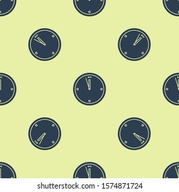 Blue Clock icon isolated seamless pattern on yellow background. Time symbol. Merry Christmas and Happy New Year.  Vector Illustration