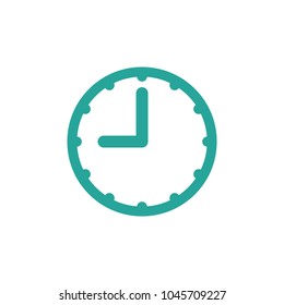 blue clock with quarter. Flat icon isolated on white. Time pictogram. 15 minutes