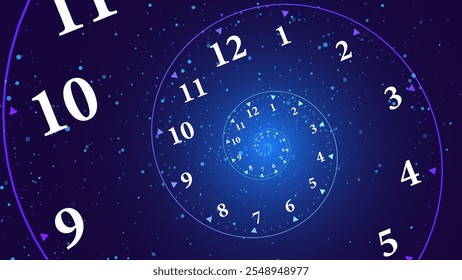 Blue Clock Spiral Dial. Clock in Space. Time Travel Infinity Universe Concept Metaphor. Infinite Time is Flying Fast Future Concept. Timeless. Vector Illustration.