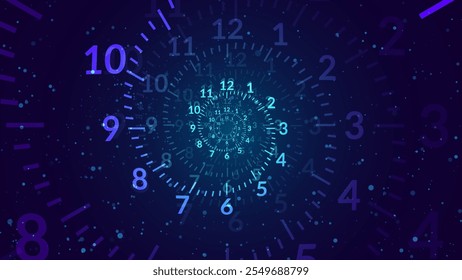 Blue Clock Spiral Dial. Clock in Space. Time Travel Infinity Universe Concept Metaphor. Infinite Time is Flying Fast Past and Future Concept. Timeless. Vector Illustration.