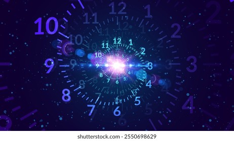 Blue Clock Spiral Dial. Clock in Space. Time Travel Infinity Universe Concept Metaphor. Infinite Time is Flying Fast Past and Future Concept. Timeless. Vector Illustration.