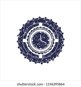 Blue clock, time icon inside distressed rubber texture