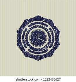 Blue clock, time icon inside distress rubber seal