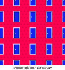 Blue Closed door icon isolated seamless pattern on red background.  Vector Illustration