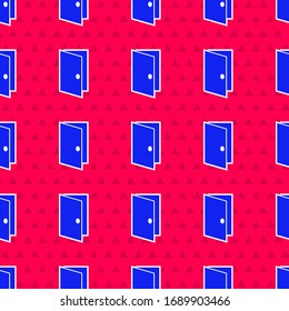 Blue Closed door icon isolated seamless pattern on red background.  Vector Illustration