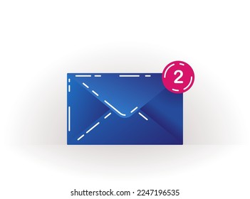 Blue closed envelope icon on a white background with two notices. Icon of unread messages. Email notification. Email sign with lines. Vector bright message icon for web, computer, and mobile app.