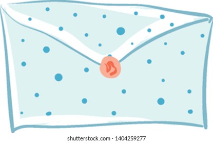 Ein blauer, geschlossener Umschlag mit orangefarbenem Aufkleber, mit Polka-Punkten, Vektorgrafik, Farbzeichnung oder Illustration. 