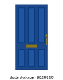 Puerta delantera azul cerrada. Aislado sobre un fondo blanco. Diseño plano. Ilustración vectorial.