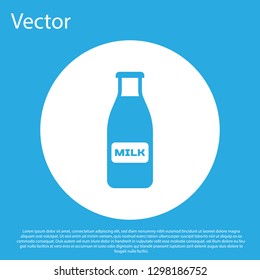 Blue Closed glass bottle with milk and cap icon isolated on blue background. White circle button. Flat design. Vector Illustration