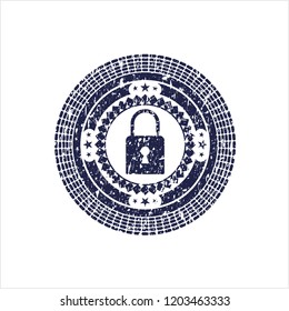 Blue closed lock icon inside distressed rubber grunge stamp