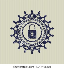 Blue closed lock icon inside distressed rubber stamp