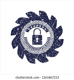 Blue closed lock icon inside distress rubber grunge seal