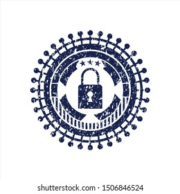 Blue closed lock icon inside distress rubber grunge texture stamp