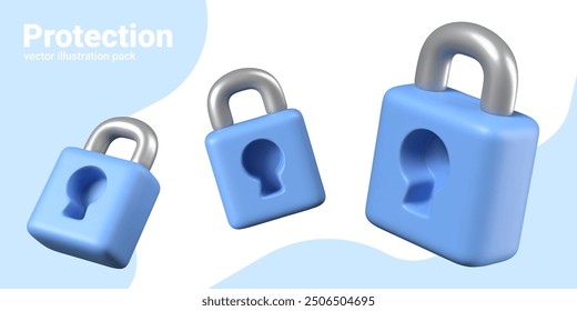 Blue closed padlock with keyhole. Set of 3D elements in different positions