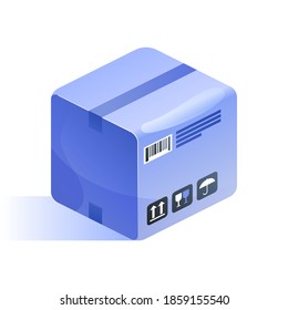 Blue closed postal parcel in cardboard box icon in isometric view. Delivery packaging box with fragile signs. Post transportation service concept. Vector illustration isolated on white background