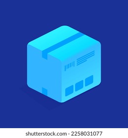 Blue closed postal parcel in cardboard box icon in isometric view. Delivery packaging box with fragile signs. Post transportation service concept. Vector illustration isolated on white background