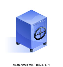 Blue closed safe box icon in isometric view. Safe storage of money, vault, deposit guarantees, banking operations. Economic growth, investment concept. Vector illustration isolated on white background