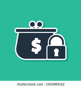 Blue Closed wallet with lock icon isolated on green background. Locked wallet. Security, safety, protection concept. Concept of a safe payment. Vector Illustration Blue Closed wallet with lock icon isolated on green background. Locked wallet. Security, safety, protection concept. Concept of a safe payment. Vector Illustration