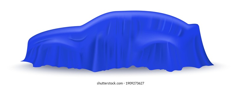 Blue cloth drapery covering car. Silk fabric hanging on gift for surprise reveal vector illustration. Hidden car under veil decoration on white background. Mysterious presentation event.